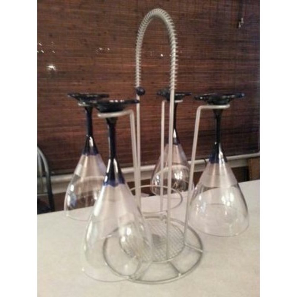 4 long stem plastic wine glasses and metal stand. Great to use outdoors or anywh